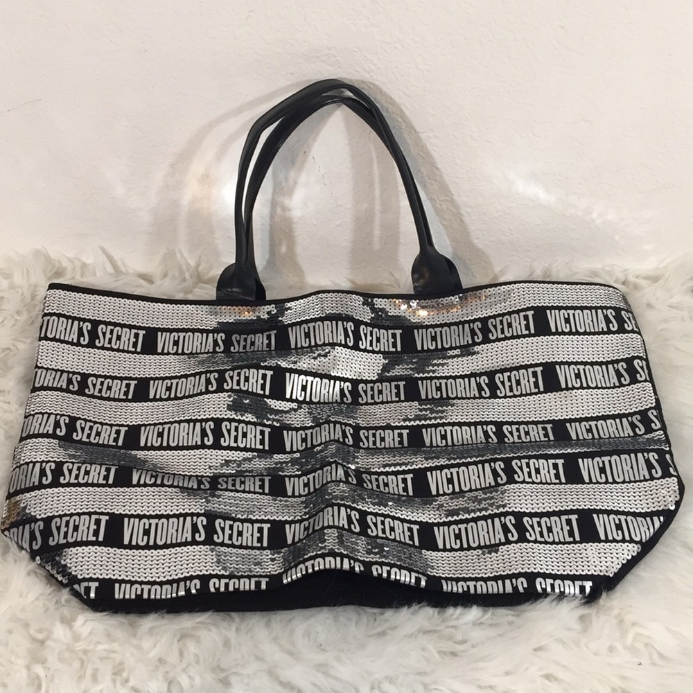 Victorias Secret Tote Large Black & Silver Sequins - Picture 4 of 9